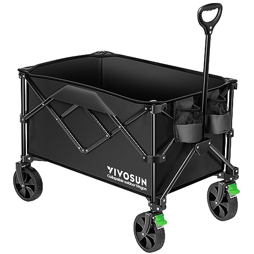 VIVOSUN Collapsible Folding Wagon, Outdoor Utility with Silent Universal Wheels, Adjustable Handle, Cup Holders & Side Pockets, for Camping, Shopping, Garden, Sports, Picnic, Black