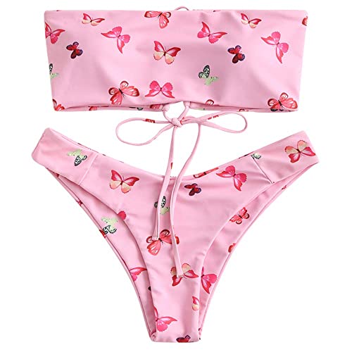 ZAFUL Women's Ethnic Floral Print Lace-Up Bandeau Bikini Set Two Piece Swimsuit (O-Light Pink, M)
