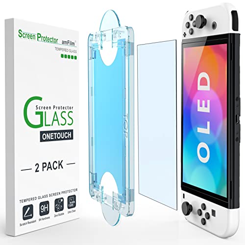 amFilm OneTouch Glass Screen Protector Designed for Nintendo Switch OLED model 2021 - With Auto Alignment Kit, Bubble Free [2-Pack]