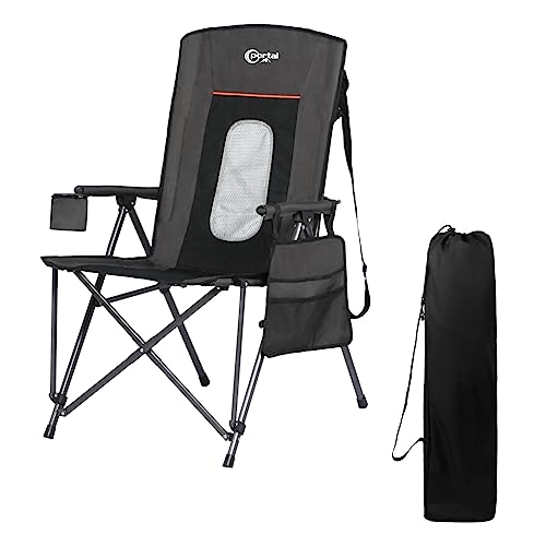 PORTAL Folding High Lawn Chair Portable for Adults Outside Hard Armrest Cup Holder Carrying Strap for Camp Soccer Sports, 300LBS, Black with Mesh Back