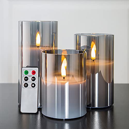 Eywamage Glass Flameless Candles with Remote Battery Operated Flickering LED Pillar Candles Real Wax Wick 3 Pack D 3' H 4' 5' 6' Grey