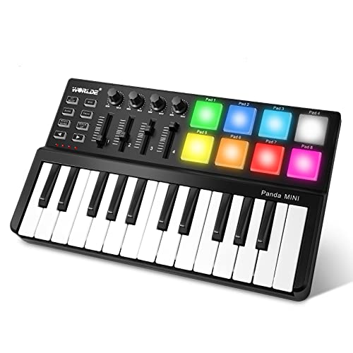 Vangoa MIDI Keyboard Controller 25 Keys, Worlde Panda MINI USB Midi Keyboard with Drum Pads, Beat Maker Machine Pad, Black