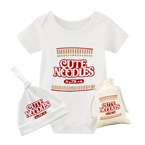YSCULBUTOL Baby Twins Bodysuit Funny Ramen Outfit Noodle Funny Romper Baby Costume Jumpsuit Hat Bags（White Noodle 12M）