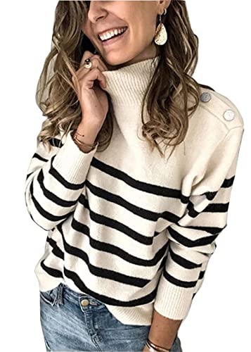 KIRUNDO Women's 2023 Fall Winter Long Sleeve Knit Sweater Turtleneck Striped Loose Pullover Tops Deco with Metal Buttons(White, Medium)