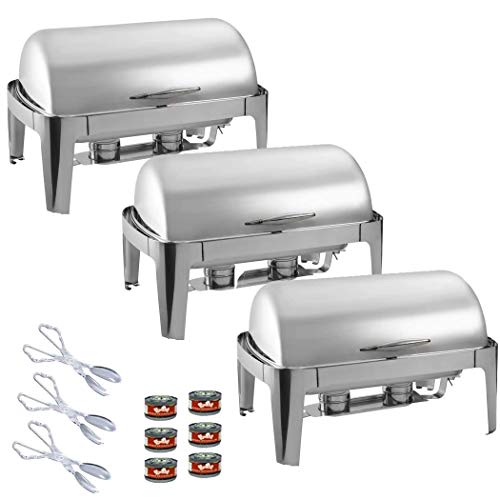 TigerChef Chafing Dish Buffet Set - Roll Top Chaffing Dishes Stainless Steel - 3 Chafer and Buffet Warmer Set with 6 Fuel Gel and 3 Plastic Tongs