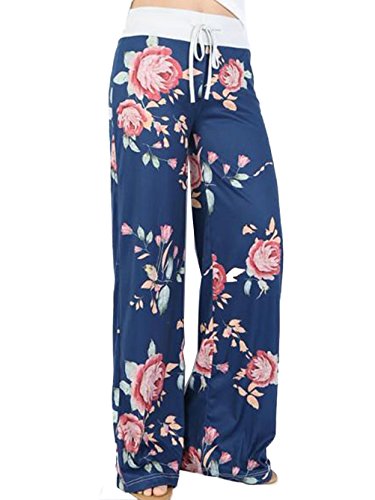 iChunhua Women's Comfy Stretch Floral Print Drawstring Palazzo Wide Leg Lounge Pants(S,Blue)