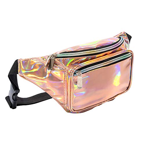 Holographic fanny pack sparkly Rose Gold Outfits For Women Girls Festival Rave Waist Belt bag -Holographic Rose Gold