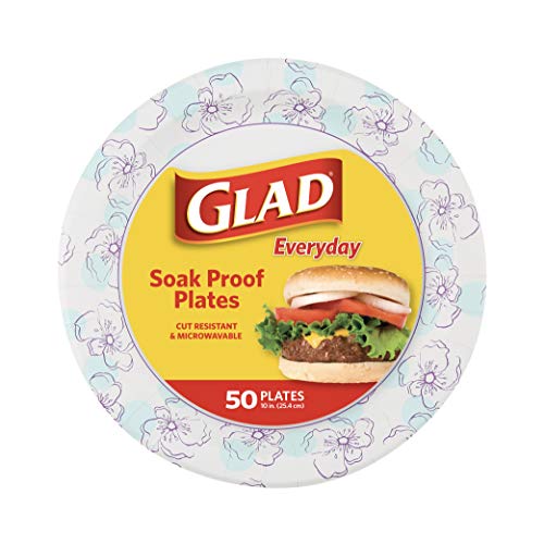 Glad Round Disposable Paper Plates 10 in, Blue Flower|Soak Proof, Cut Proof, Microwave Safe Heavy Duty Paper Plates 10'|50 Count Bulk Paper Plates, Paper Plates 10 Inch, Bulk for Parties and Occasions