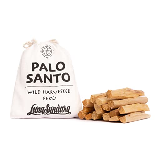 Luna Sundara Palo Santo Sticks from Peru Sustainably Wild Harvested Quality Hand Picked 100 Grams Authentic Smudge Sticks Includes a Reusable Drawstring Bag.