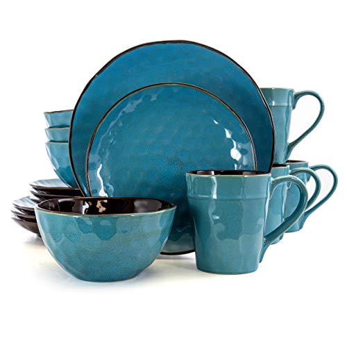 Elama Contemporary Round Stoneware Dinnerware Dish Set, 16 Piece, Ocean Blue