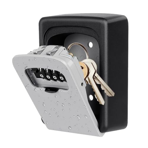 Key Lock Box Wall Mounted, Fayleeko 4 Digit Combination Lockbox for Outside, House Keys - 5 Keys Capacity, Key Safe Security Storage Lock Box for Indoor, Outdoor, Garage, Garden, Store (1, Grey)