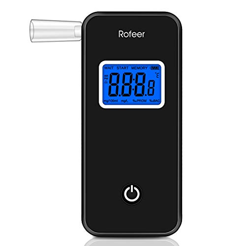 Breathalyzer, Rofeer Digital Blue LCD Screen Portable Breath Alcohol Tester with 5 Mouthpieces for Drivers Or Home Use, Auto Power Off, Sound Alarm, Current Temperature Display