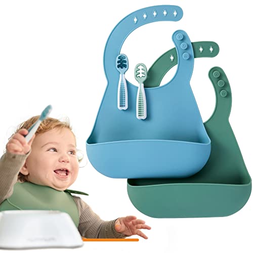 NumNum Pre-Spoon GOOtensils + Silicone Bibs - Babies & Toddlers Ki | Self Feeding Baby Spoon Set (Stage 1 + Stage 2) | Waterproof, Soft, Adjustable, 100% Food Grade Bib - (Blue/Glacier Green)