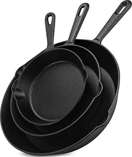 Utopia Kitchen Pre Seasoned Cast Iron Skillet 3 Piece, Cast Iron Grill Pan, Frying Pans, Saute Fry Pan, Cast Iron Set (Black)