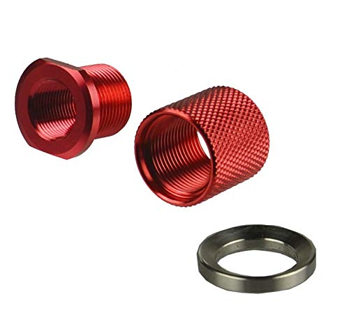 TWP 1/2-28 TPI Thread Protector with 5/8-24 TPI Outside Thread, 1/2x28 TPI to 5/8x24 TPI Convertor. + 5/8x24 TPI Thread Protector and a Crush Washer, Aluminum Red