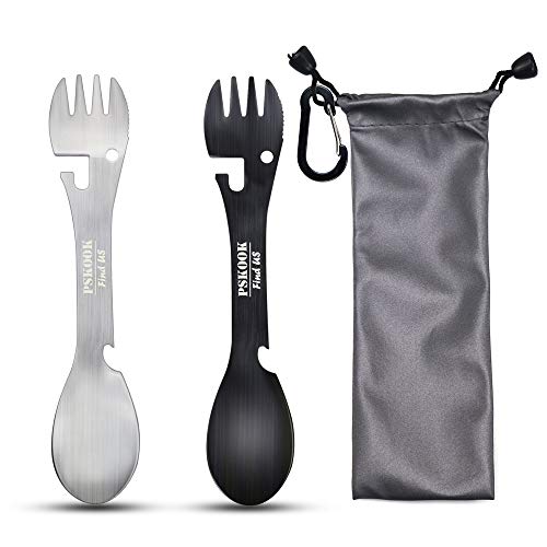 PSKOOK 5-in-1 Utility Tactical Spork, 2-Pack Stainless Steel Spoon & Bottle Opener, Fork & Knife, Can Opener Combo Camping Utensil for Hiking, Camping or Backpacking (Black & Matte Silver)
