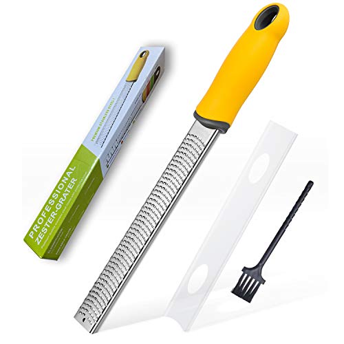 VOVOLY Citrus Zester, Cheese Grater, Lemon Zester of Kitchen Tools - Zesters for Kitchen & Graters For Kitchen, Stainless Steel Zester Grater with Handle & Protective Sheath, Dishwasher Safe, Yellow