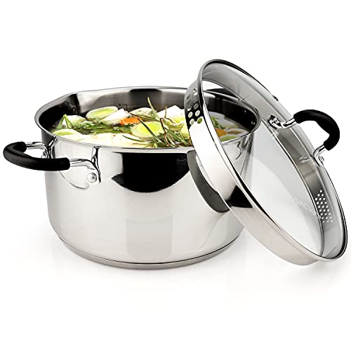 AVACRAFT Stainless Steel Stockpot with Glass Strainer Lid, 6 Quart Pot, Saucepan cookware, Side Spouts, Multipurpose Stock Pot, Sauce Pot, Soup Pot in our Pots and Pans, Induction Pan (6QT)