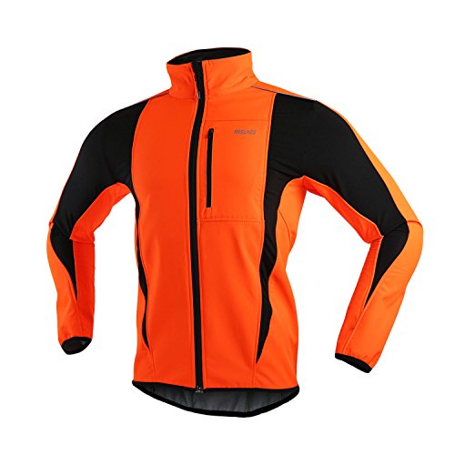 ARSUXEO Winter Warm UP Thermal Softshell Cycling Jacket Windproof Waterproof Bicycle MTB Mountain Bike Clothes 15-K Orange Size Large