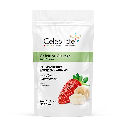 Celebrate Vitamins Bariatric Calcium Citrate Soft Chews with Vitamin D3, 500mg, Sugar-Free & Gluten-Free Calcium Citrate for Bariatric Patients, Strawberry Banana Cream, 90 Count