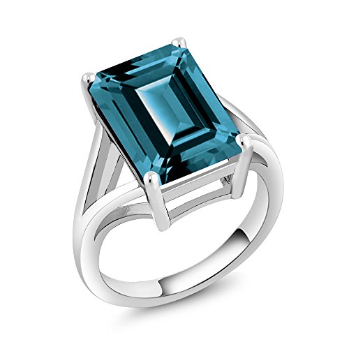 Gem Stone King 925 Sterling Silver London Blue Topaz Women's Solitaire Ring (9.50 Cttw, Emerald Cut 14X10MM, Gemstone Birthstone, Available In Size 5, 6, 7, 8, 9)