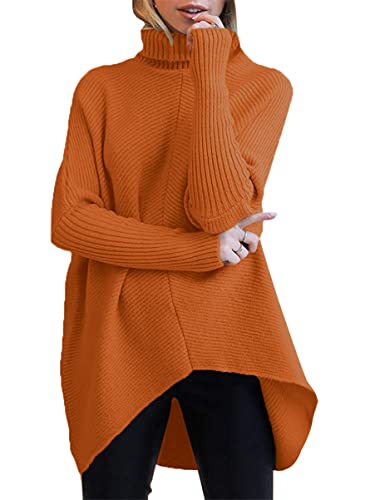 ANRABESS Womens Long Sleeve Turtle Neck Oversized Knit Pullover Asymmetric Hem Rust Warm 2023 Fall Winter Sweaters Tunic A87Zhuanhong-Xl