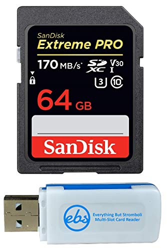 SanDisk 64GB SDXC SD Extreme Pro Memory Card Bundle Works with Canon EOS Rebel SL2, SL1, T4i, T6s Digital DSLR Camera 4K (SDSDXXY-064G-GN4IN) Plus (1) Everything But Stromboli (TM) Combo Card Reader