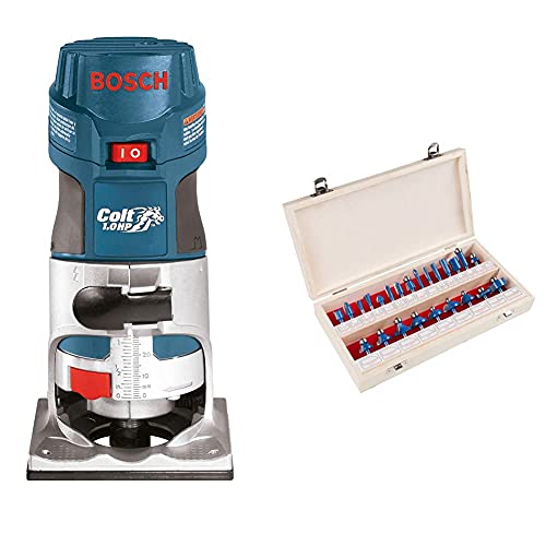 Bosch Router Tool, Colt 1-Horsepower 5.6 Amp Electronic Variable-Speed Palm Router & Stalwart - RBS024 Router Bit Set- 24 Piece Kit with ¼” Shank and Wood Storage Case