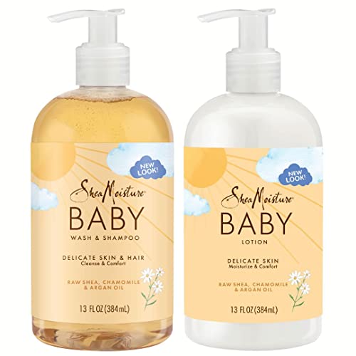 Shea Moisture Baby Essentials, Raw Shea Chamomile & Argan Oil Baby Wash & Shampoo Bundled with Baby Lotion, Skin Care for Baby, 13 Fl Oz (Pack of 2)