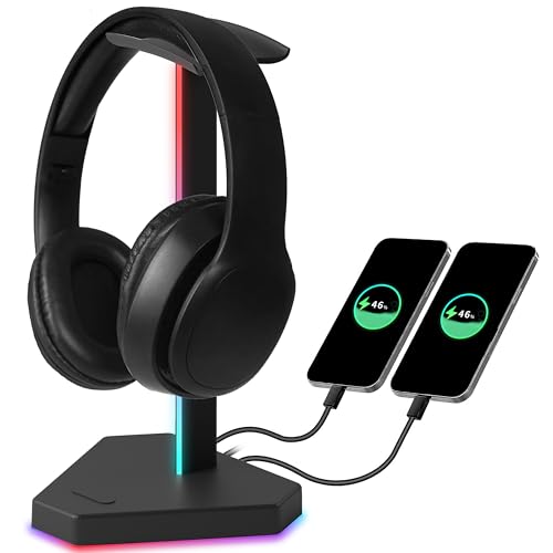 charlxee RGB Headphone Stand with 2 USB-C Charging Port and 1 USB Charging Port, Desk Gaming Headset Holder with 7 Light Modes and Non-Slip Rubber Base Suitable for All Earphone Accessories (Black)