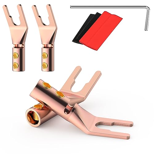 Viborg Pure Copper Speaker Spade Connectors, Dual Screw Locking Speaker Cable Lugs, Fork Y Spade Plug with Allen Wrench for Speaker Wire DIY 4PCS (Pure Copper with Heat Shrink Tube)