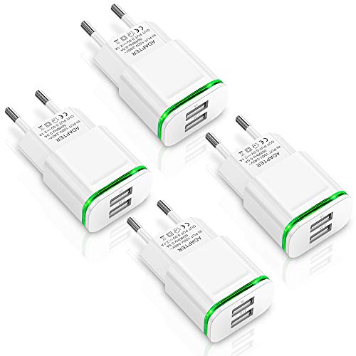 4-Pack European Plug Adapter, LUOATIP 2.1A Europe Dual USB Wall Charger Travel Power Adaptor for iPhone 13 12 11 XS Max XR X 8 7 6 6S Plus 5 5S 5C SE, Samsung Galaxy, Pad, LG, Android, Cell Phone