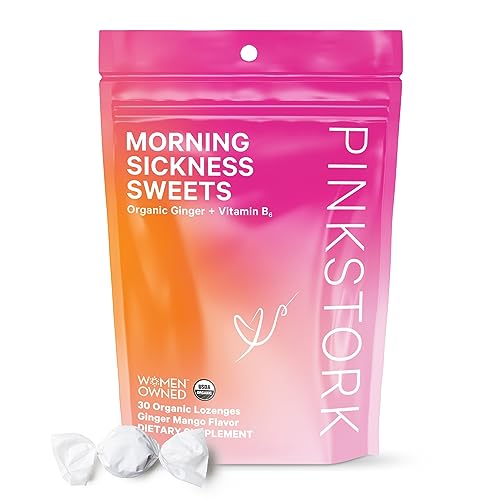 Pink Stork Morning Sickness Sweets, Organic Mango Ginger Candy with Vitamin B6 for Morning Sickness Support and Occasional Motion Sickness, Pregnancy Must Haves - 30 Wrapped Drops