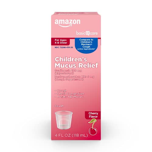 Amazon Basic Care Children's Mucus Relief Cough, Cherry Flavor, 4 Fl Oz