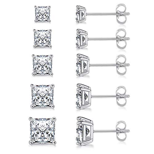 MDFUN 18K White Gold Plated Princess Cut Clear Cubic Zirconia Stud Earring Pack of 5 Pairs