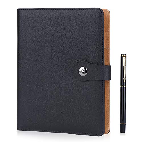 Minlna A5 Leather Notebook/Refillable Loose Leaf Business Notebook/tepad,200 Thick Pages,Classic Lined with Pocket and Pen Holder
