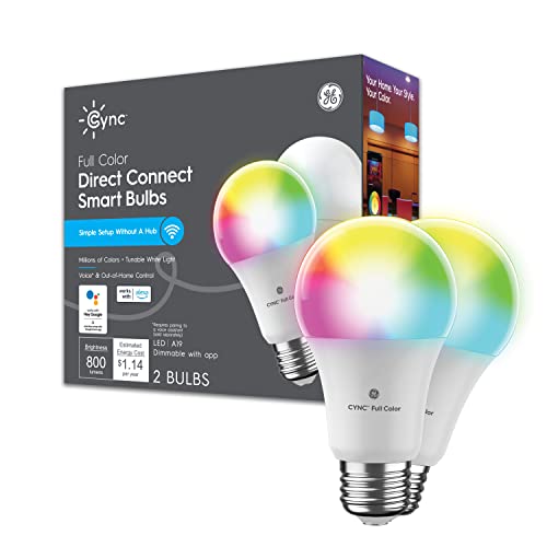 GE CYNC Smart LED Light Bulbs, Color Changing Lights, Bluetooth and Wi-Fi Lights, Works with Alexa and Google Home, A19 Light Bulbs, 2 count (Pack of 1)