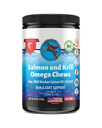 WIZARDPET Wild Alaskan Salmon & Krill Oil Chews for Dogs | 120 Soft Treats | Omega 3 6 9 Fish Supplement with EPA, DHA for Itch Free Skin Coat Joints | Allergy Relief | Reduce Hair Shedding | USA