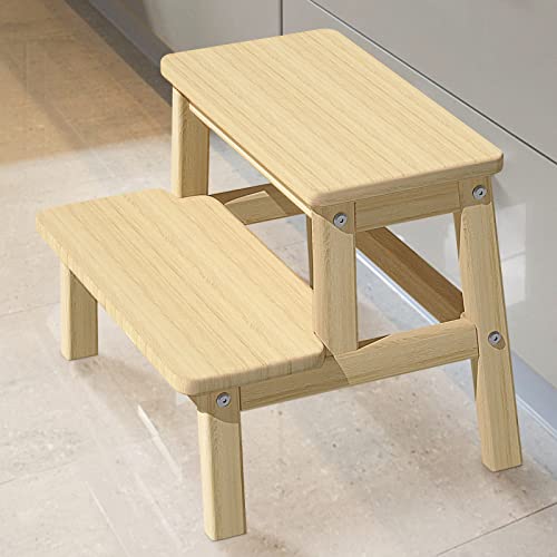 HOUCHICS Wooden Step Stool for Adults Kids, Solid Wood Bed Step Stool, Multi-Purpose 2-Step Stool for Kitchen, Bed, Bathroom with 260lb Load Capacity