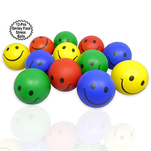 Stress Balls with Happy Face 12 Pcs | 2.5” Inch Colorful Balls with Smile | Therapy Squeeze Balls Smiling | Party Stress Balls with Smiling Face| Goodie Bag Balls | By Anapoliz
