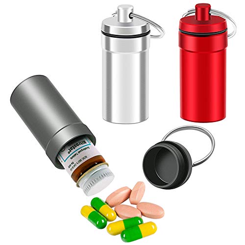 3 Packs Waterproof Aluminum Pill Fob Container, EFFIET Nitro Bottle Holder Nitroglycerin Pill Case Emergency Keychain Pill Holder for Medicine Organizer Dispenser (Silver-Matt-Red)