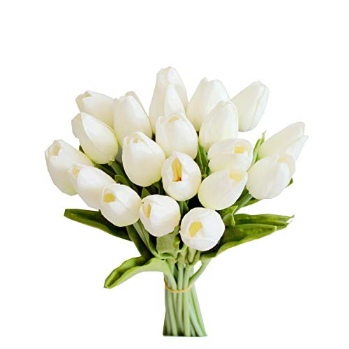 Mandy's 20pcs White Flowers Artificial Tulip Silk Flowers 13.5' for Home Kitchen Wedding Decorations