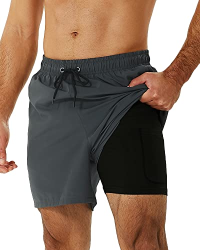 SILKWORLD Mens Swimming Trunks with Compression Liner 2 in 1 Quick-Dry Bathing Suits with Zipper Pockets Dark Grey