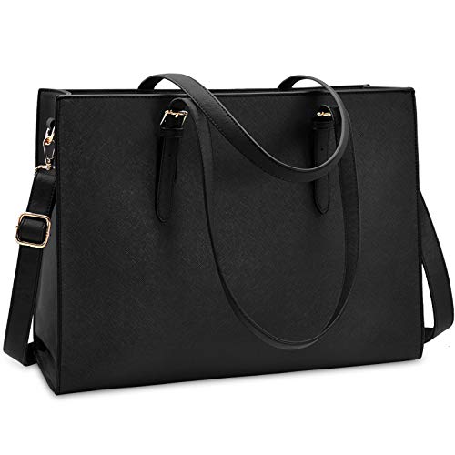 Laptop Bag for Women Waterproof Lightweight Leather 15.6 Inch Computer Tote Bag Business Office Briefcase Large Capacity Handbag Shoulder Bag Professional Office Work Bag Black