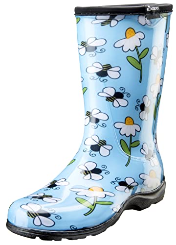 Sloggers Waterproof Garden Rain Boots for Women - Cute Mid-Calf Mud & Muck Boots with Premium Comfort Support Insole, (Bee Light Blue), (Size 10)