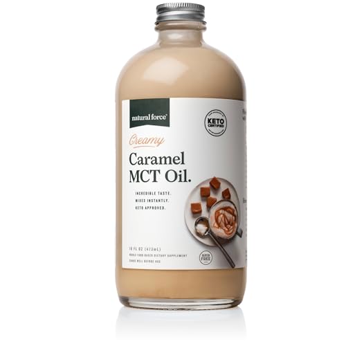 Natural Force Creamy Caramel MCT Oil – Non Dairy, Keto Certified, Emulsified MCTs for Low-Carb, Ketogenic Coffee, Smoothies, & Shakes - Mixes Instantly + No Blending Required – 16 Oz Glass Bottle