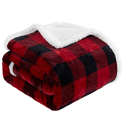 Touchat Sherpa Red and Black Buffalo Plaid Christmas Throw Blanket, Fuzzy Fluffy Soft Cozy Blanket, Fleece Flannel Plush Microfiber Blanket for Couch Bed Sofa (60' X 70')