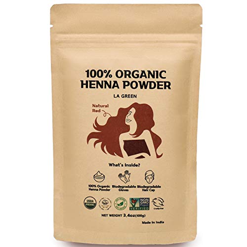 100% Organic USDA Henna Powder For Hair Dye - Natural Hair Color, Best For Hair, Soft Shiny & Healthy Hair, No Chemical or Additive, Including application gloves & hair cap - LA GREEN 100g… (Pure Henna)