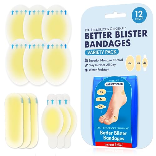 Dr. Frederick's Original Better Blister Bandages - 12 ct Variety - Water Resistant Hydrocolloid Bandages for Foot, Toe, & Heel Blister Prevention & Recovery - Blister Pads