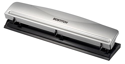 Bostitch Office Premium 3 Hole Punch, 12 Sheet Capacity, Metal, Rubber Base, Easy-Clean Tray, Silver